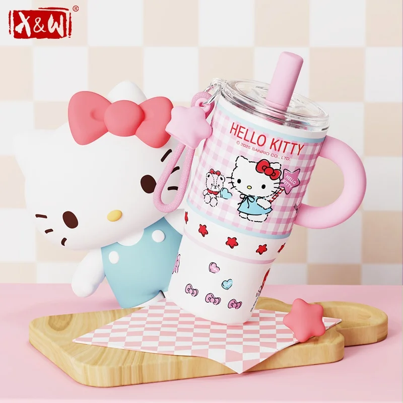 X&W Sanrio Thermal Mug Stainless Steel Vacuum Flasks Cartoon Coffee Mug Portable Straw Water Bottle with Handle＆Visible Cup Lid