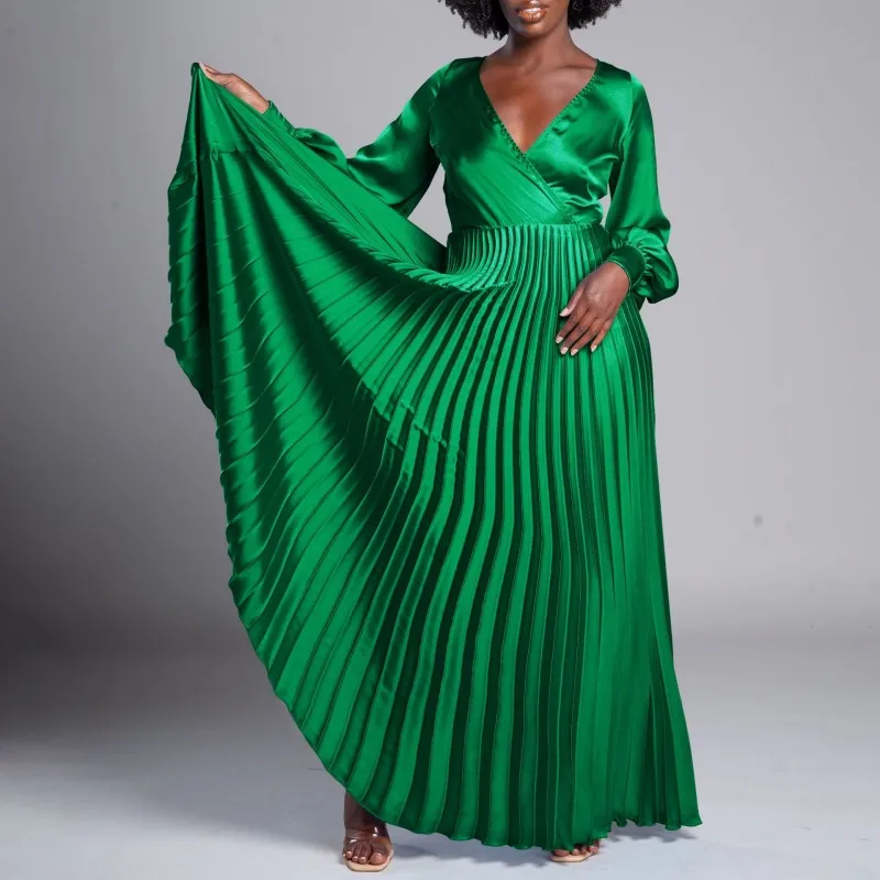 Maxi African Dress For Women Nigerian Africa Clothes Robe Africaine Femme Full Sleeve V-neck Pleated Dress Gowns Party Robe Sexy