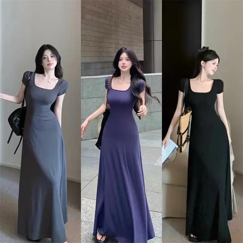 Elegant High-end Feel French Style Square Collar Short Sleeves Dress Slimming Women's Waist-fitted Long Skirt