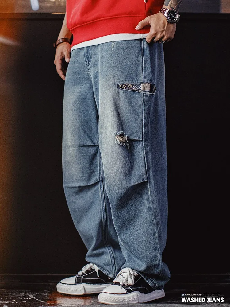 

Maden Casual Loose Fit Jeans Men's Spring Autumn Cotton Denim orts Waed Outfit Straight Leg Torn Hole Lightweight Jeans