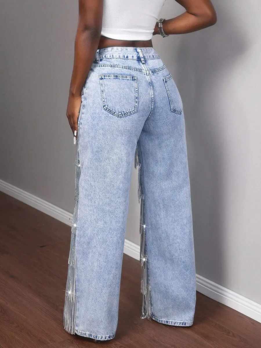 

Womens Sequin Tassel Decorated Straight Leg Wide Jeans