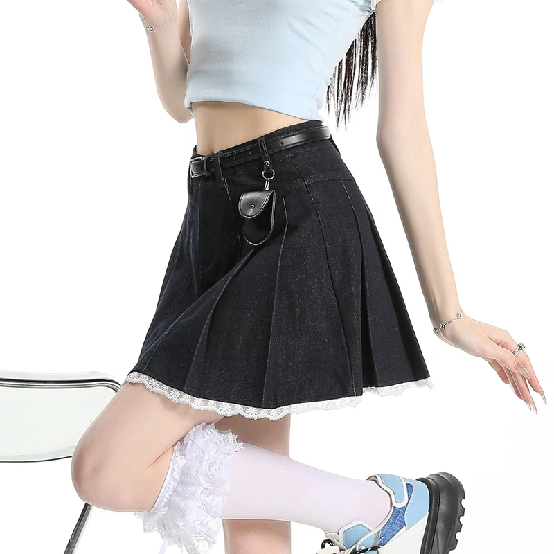 

REALEFT Vintage High Waist Denim Skirts for Women 2025 New Summer Lace Patchwork Solid Pleated A-line Women's Mini Skirts