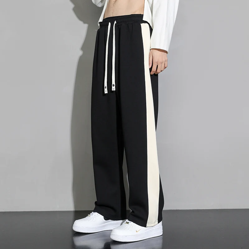 

New Versatile Men's High Waist Elastic Spliced Drawstring Pocket Loose Fashion Solid Color Versatile Straight Leg Casual Pants