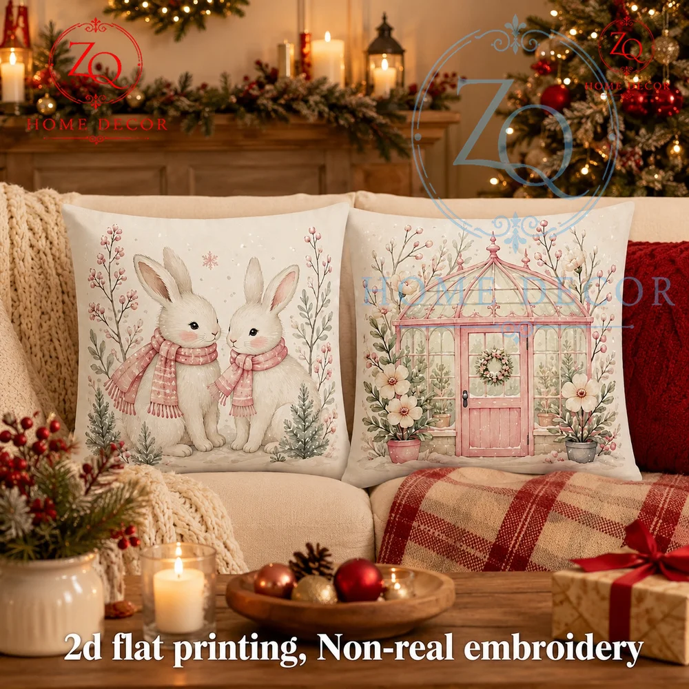 Christmas Cozy Couple Bunny Throw Pillow Cover Vintage Pink Winter Farmhouse Decor Cushion Case  Holiday Home Decoration