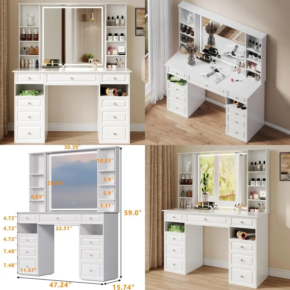 Mesa de maquiagem grande de 47 polegadas com espelho e iluminação com brilho ajustável, com 9 gavetas e 10 prateleiras abertas