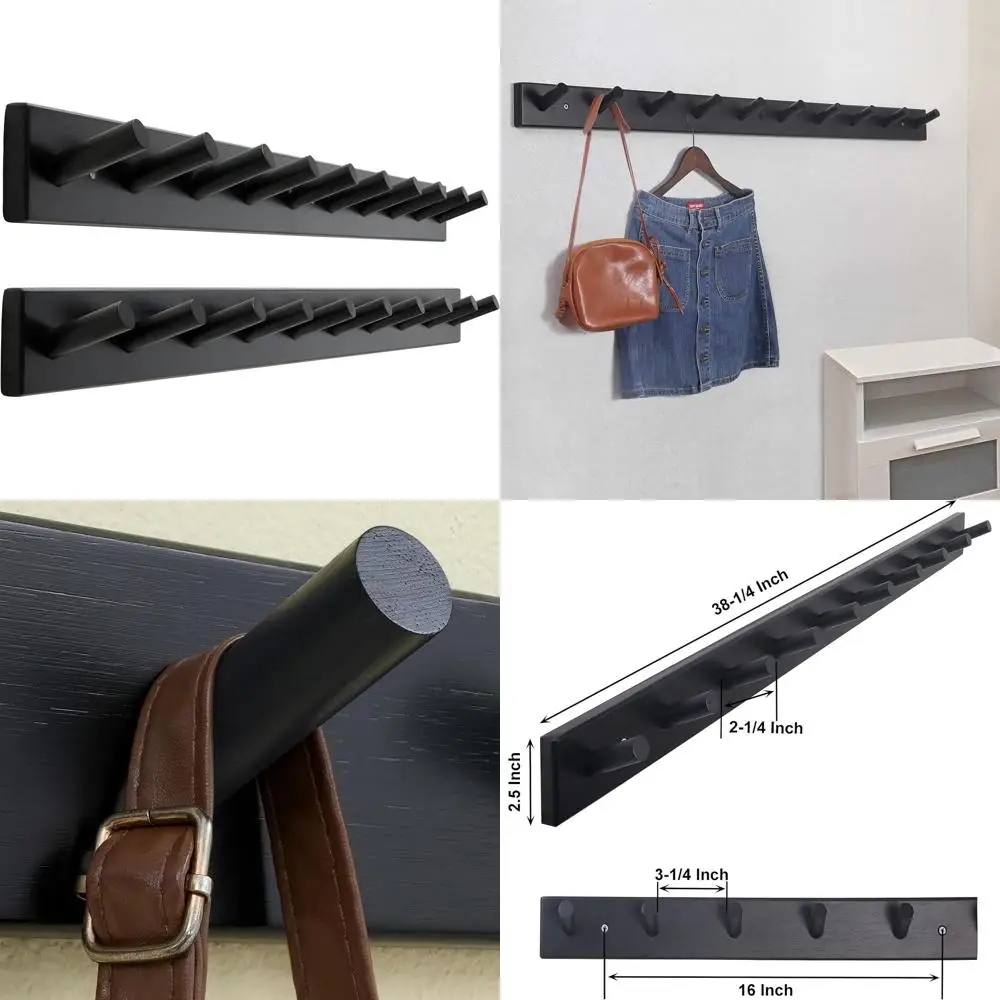 

Wall-Mounted Bamboo Coat Rack with 10 Hooks, 16 Spacing, Pack of 2, Black
