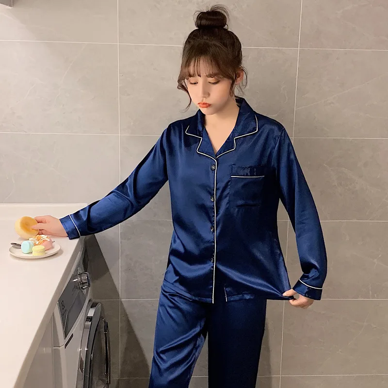 Sleepwear Female Silk Satin Solid Color Pajama Sets Long Button-Down Pijama Lady Plus Size Home Clothes Pyjamas Women Loungewear