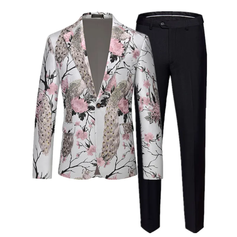 

Новый мужской костюм-двойка 2026 года: розовый пиджак с цветочным принтом павлина и черные классические брюки — роскошный комплект для свадеб/вечеринок, европейский размер