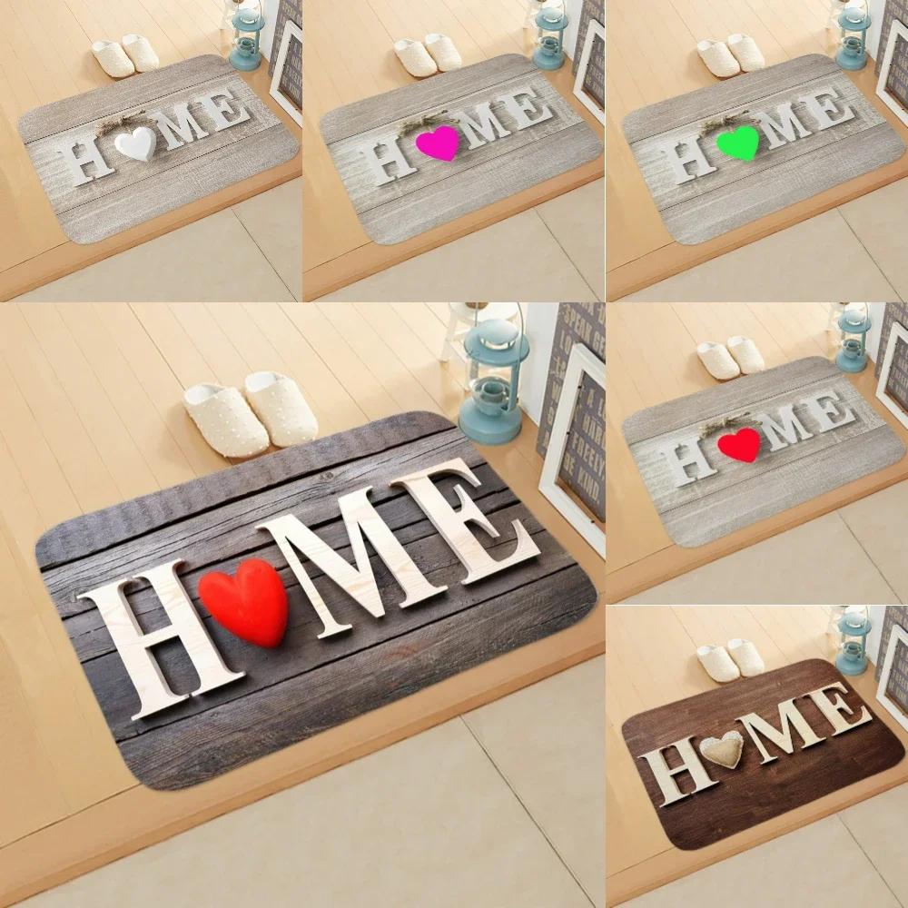 1Pc Wood Grain HOME Heart Shape Print Door Mat Washable Home Decor Carpet Living Room Bedroom Kitchen Rug Garden, Patio, Balcony