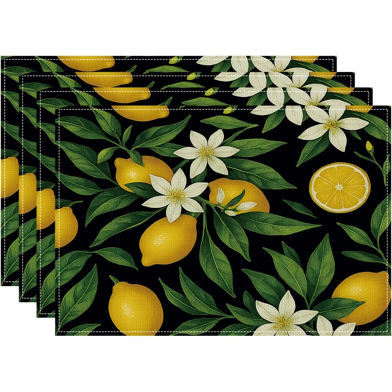 Lot de 4/6/8 sets de table en lin motif citron et fleurs blanches sur fond noir, pour une décoration audacieuse de table de cuisine et de salle à manger, lavables et résistants à la chaleur