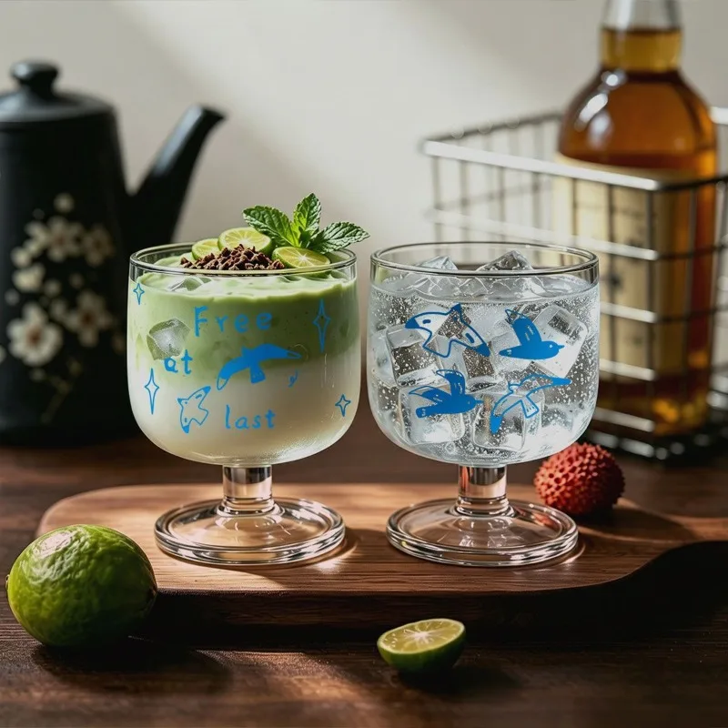 1PC Cute Printed Short Foot Round Belly Glass Mug Creative Juice Wine Cup Household Beverage Drinking Glassware Household Goods