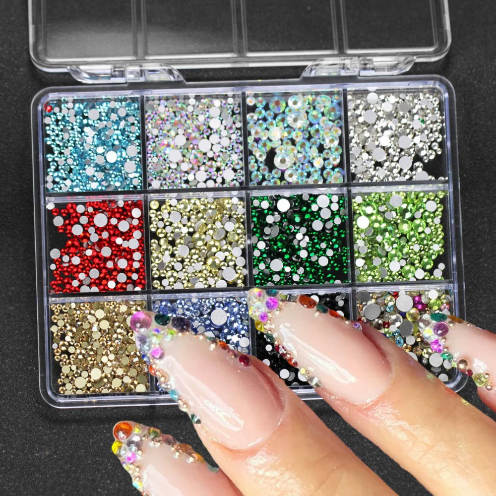 12 Gitter 3D Bunte Runde Perlen Kristall Nagelkunst Strass Flache Glasdiamanten Nagel-Charms DIY Maniküre Dekoration