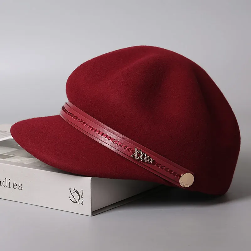 

Women Hat Wool Felt Cap Rhinestone Decoration Brim Visor Autumn Winter Warm Accessory For Outdoors Cold Weather