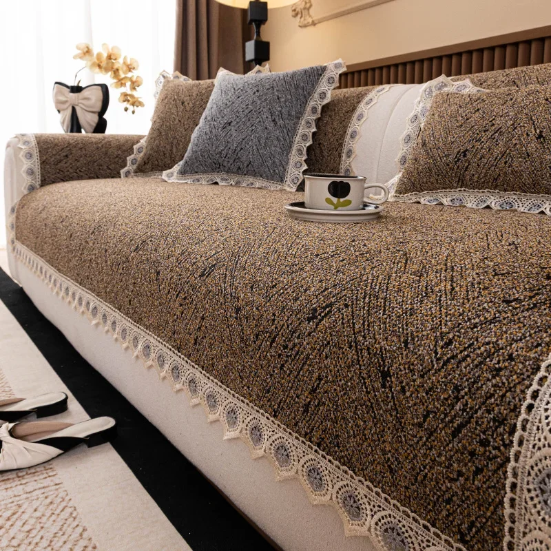 Vintage Lace Trim Woven Texture Sofa Pad Machine Washable Furniture Couch Cover Sofa Protect Non Slip Wear Resistant Dust Cover