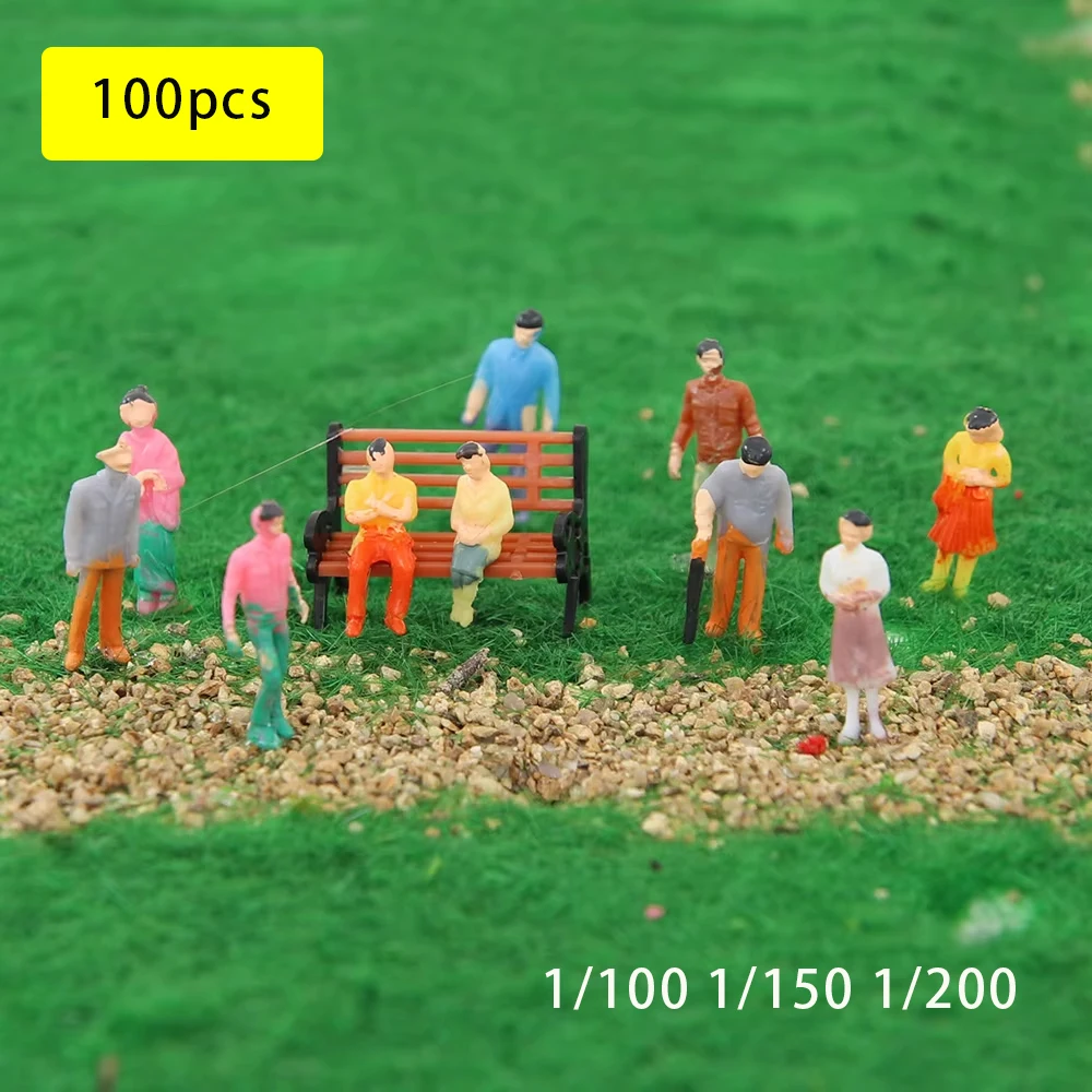 Figuras em miniatura 1/200-1/100 modelo ABS plástico pintado pessoas para layout de trem ferroviário/paisagem de mesa/Diorama 100 pçs/lote
