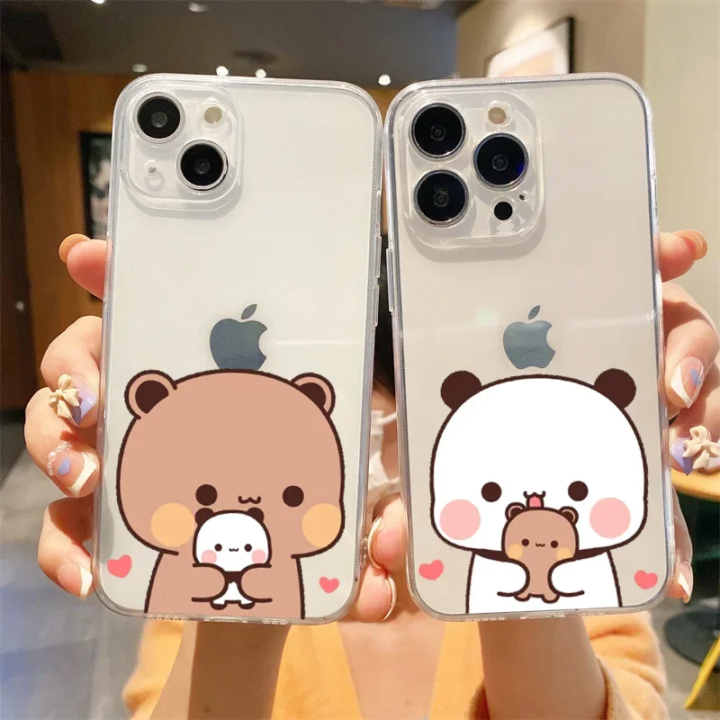 Funny Cartoon Bear Clear Couple Paired Phone Case For iPhone 17 14 13 11 12 15 16 Pro Max Mini SE 7 8 Plus Lovers Cover Fundas