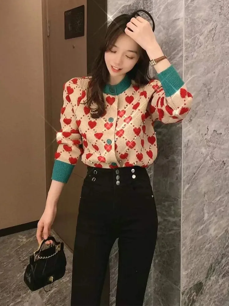 Heart Argyle Diamonds O-Neck High Street Kawaii Knitted Women\'s Sweaters Long Sleeve Buttons Short Jumpers Female Cardigans