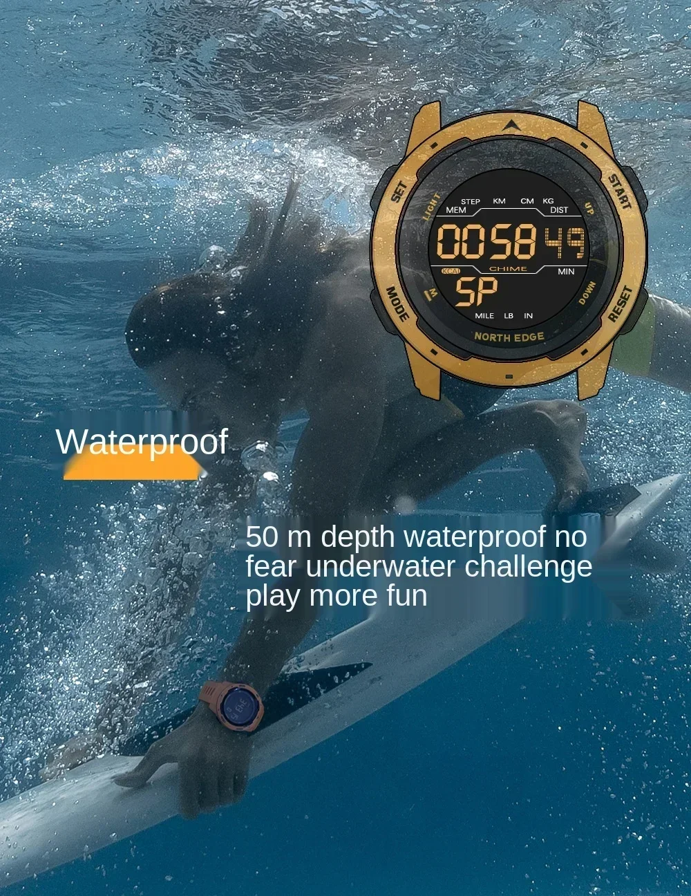 Km TH EDGE-Montre de sport numérique étanche pour homme, horloge militaire, heure des touristes, podomètre, réveil, 50m