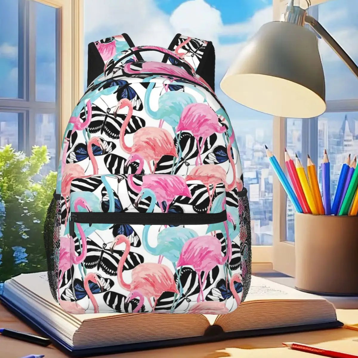 

Black Striped And Cartoon Flamingo Backpack Student Boys Girls BookBag Kids School Bag Laptop Shoulder Bags for Men Women