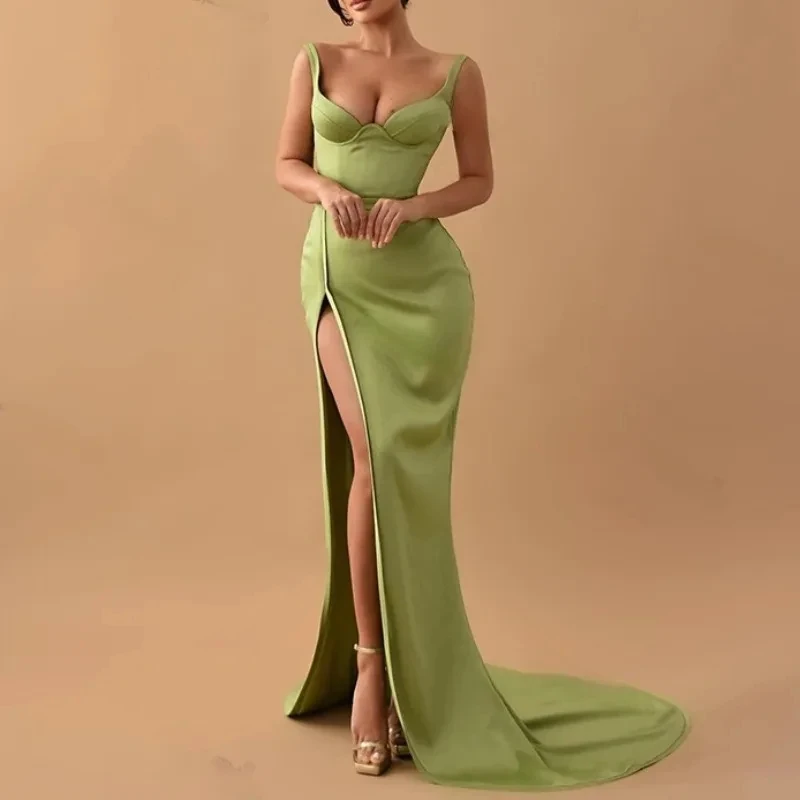 Mermaid Strapless Formal Evening Dress 2024 Popular High Slit Satin Party Dress Solid Color Homecoming Dress Vest