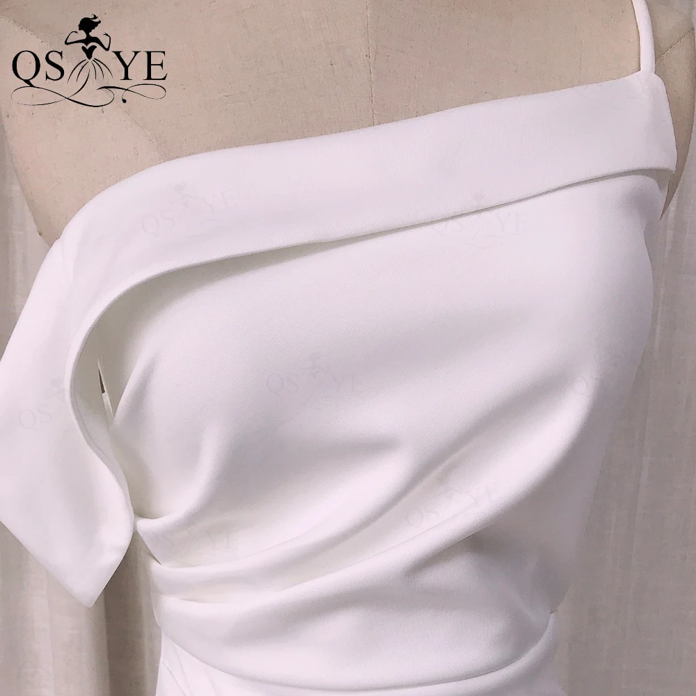 QSYYE Simple White Wedding Dresses Sexy Front Split Bride Gown Tea Length Ruched Side Sleeves One Straps Women Bridal Party Gown