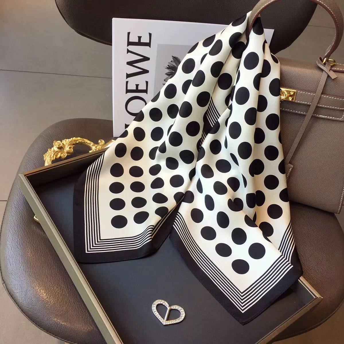 Small Square Towel Decorative Silk Scarf Black and White Polka Dot Dots Scarf Fashion Women