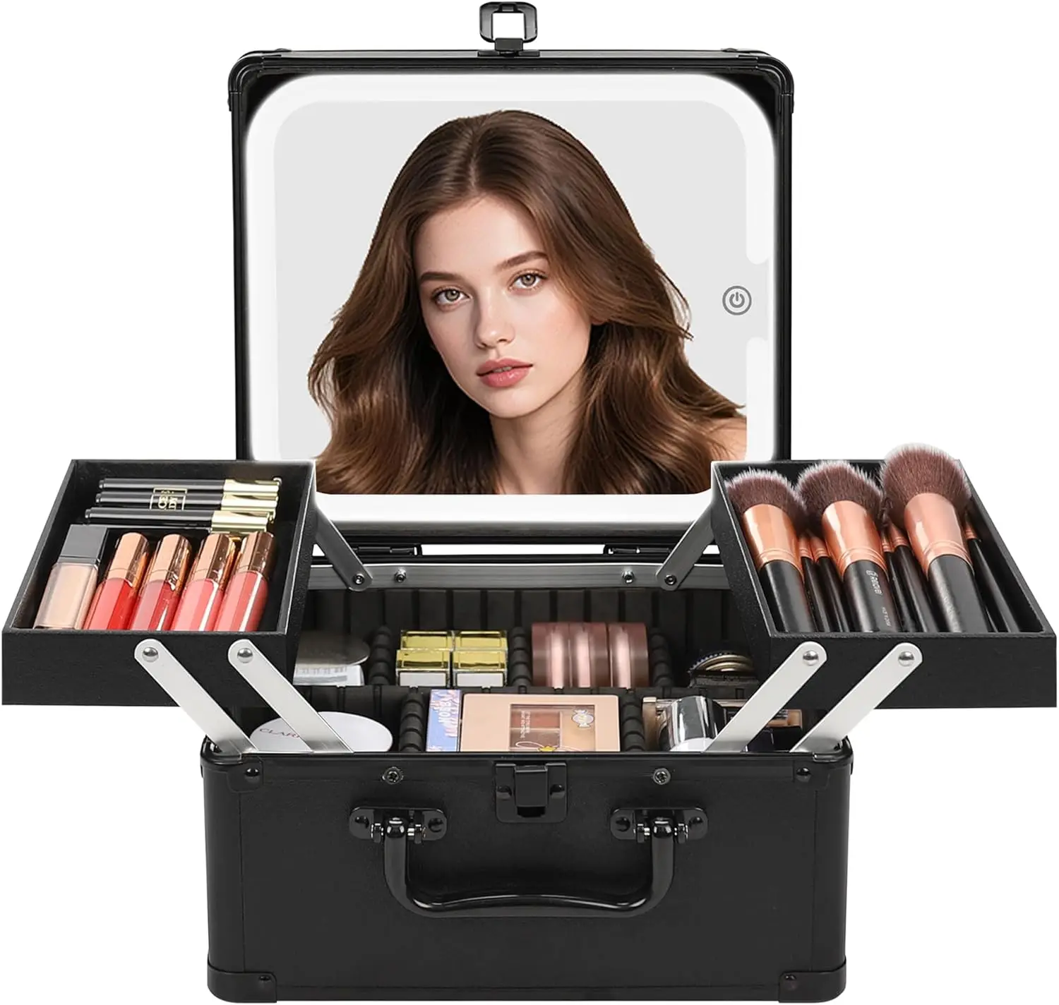 

Косметичка с зеркалом, дорожный кейс-органайзер для косметики с 2 поддонами и косметическим зеркалом с LED-подсветкой, держатель для кистей