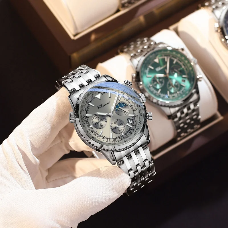 CHENXI 928 Jam Tangan Kuarsa Olahraga Pria Jam Tangan Chronograph Kalender Fase Bulan Multifungsi Jam Tangan Modis Kedap Air Bercahaya untuk Pria