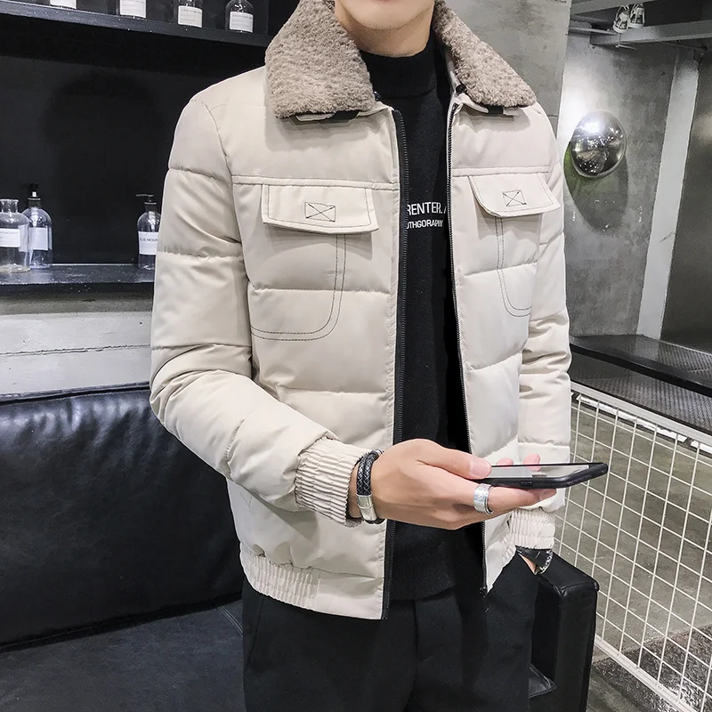 Männer Gefütterte Jacke Koreanische Mode Kleidung Winter Verdicken Warme Werkzeug Style Schlank Mantel Feste Wilden Lange Sleeve Zipper Outerwerar