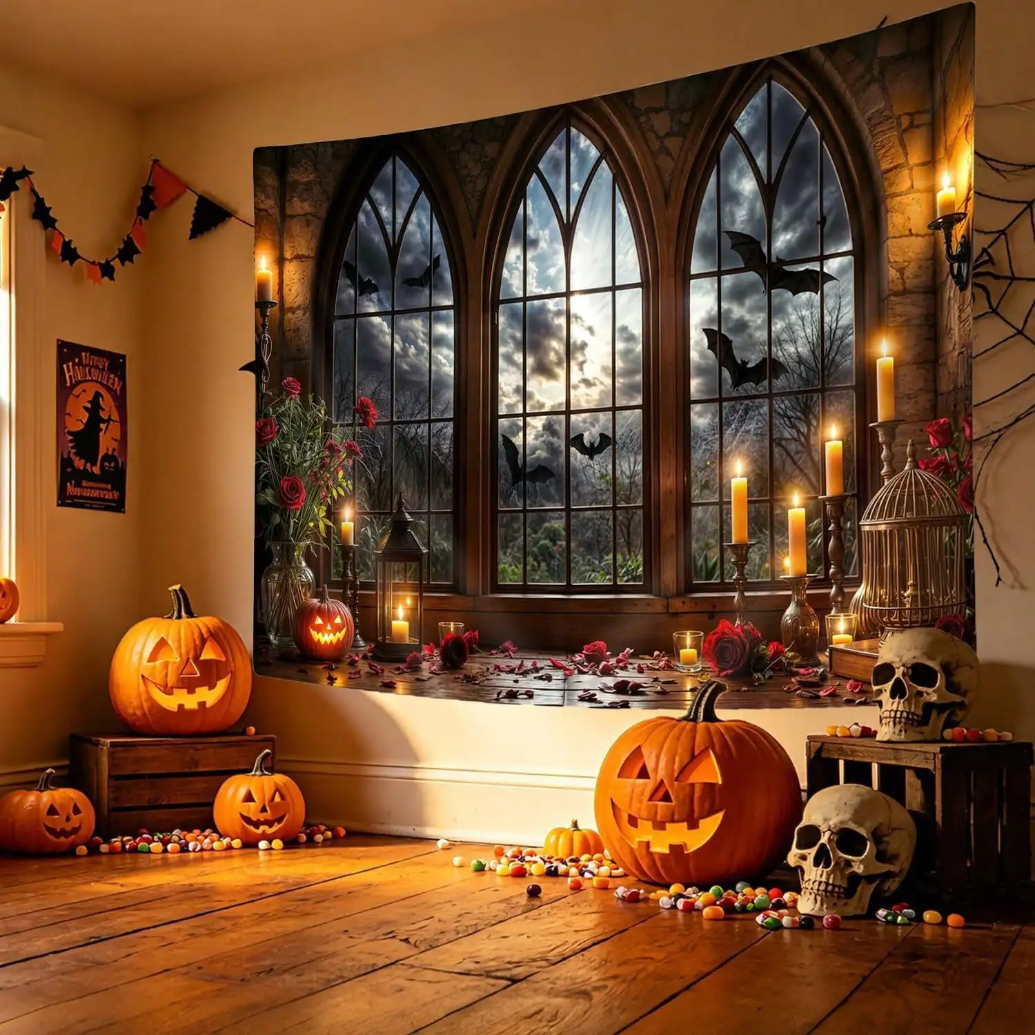 INGIFTA Halloween Decor- Halloween Gothic Window Tapestry, Spooky Bat Jack-O-Lantern Wall Hanging, Vintage Medieval Castle Window Backdrop With Candles And Roses, Dark Academia Aesthetic Tapestry Halloween Decor Room Decor, Wall Decor. Halloween Gifts