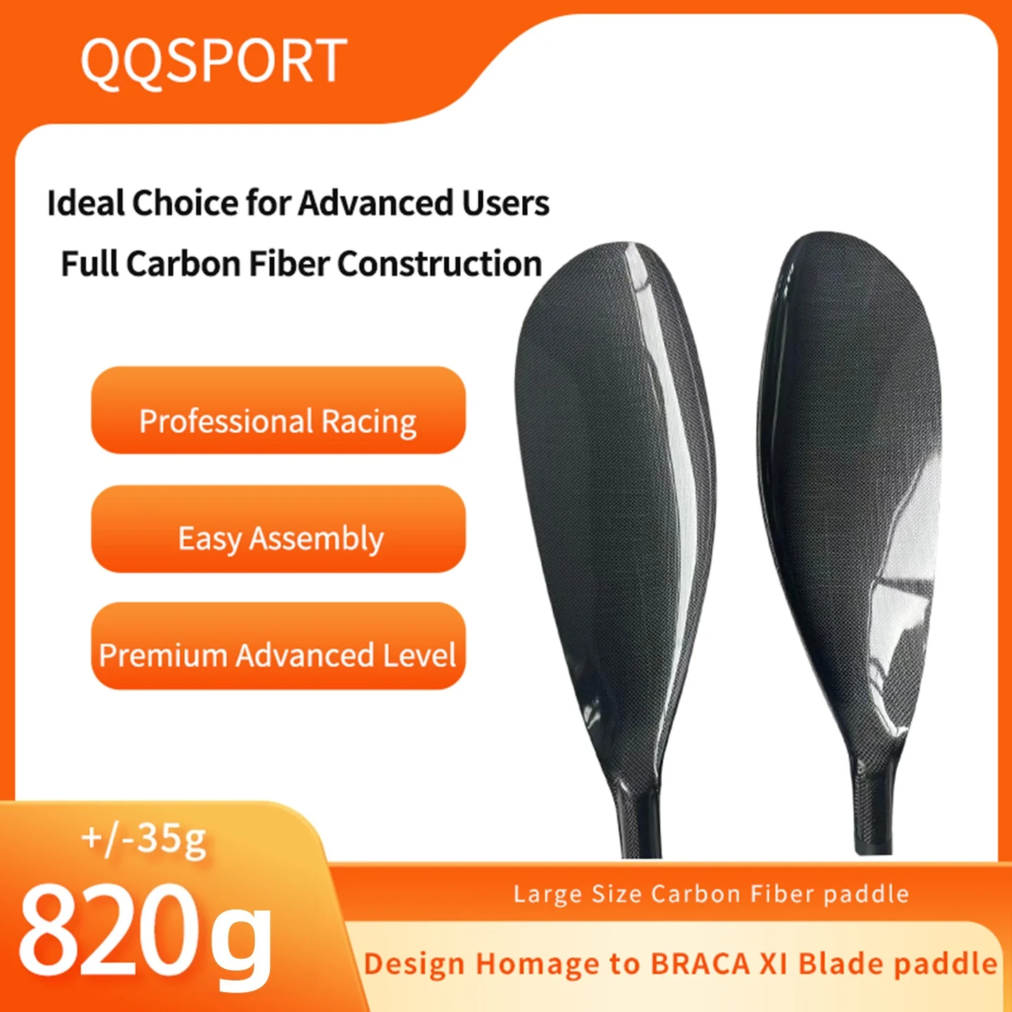 QQSPORT paddle,Carbon Fiber Wing Kayak Paddle BRACA XI Large Style Homage Racing Paddle with Aluminum Clamp Free Bag - Q43