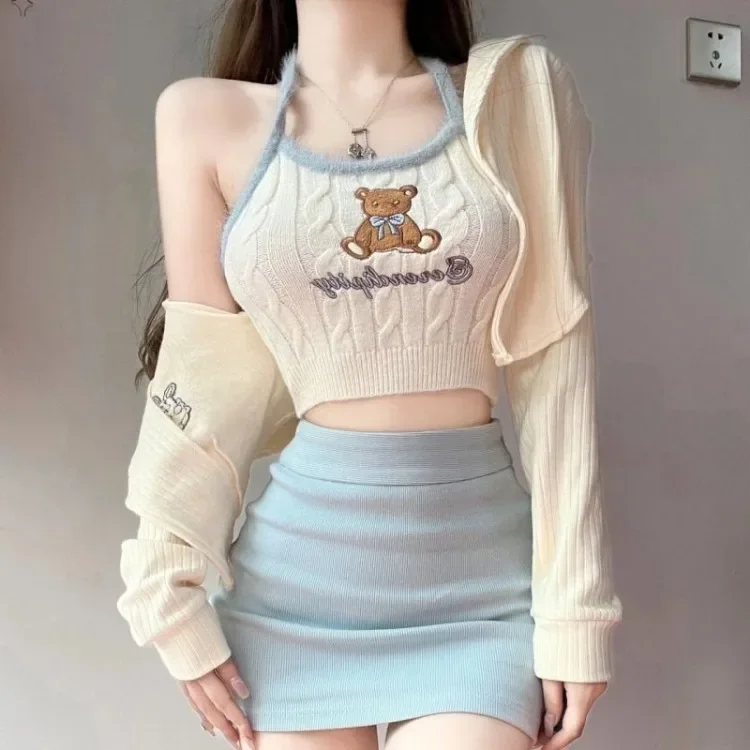 

2025 Autumn New Long Sleeve Knitted Tops Women+ Y2k Slim Fit Bottoming Vest for High Waist Blue Skirts Three Piece Sets