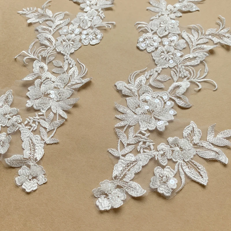 Flower Embroidery Lace Neckline Applique Trims, 3D Venise Patches, Luxury Beaded Craft, High End, New Arrival, 2 Pcs