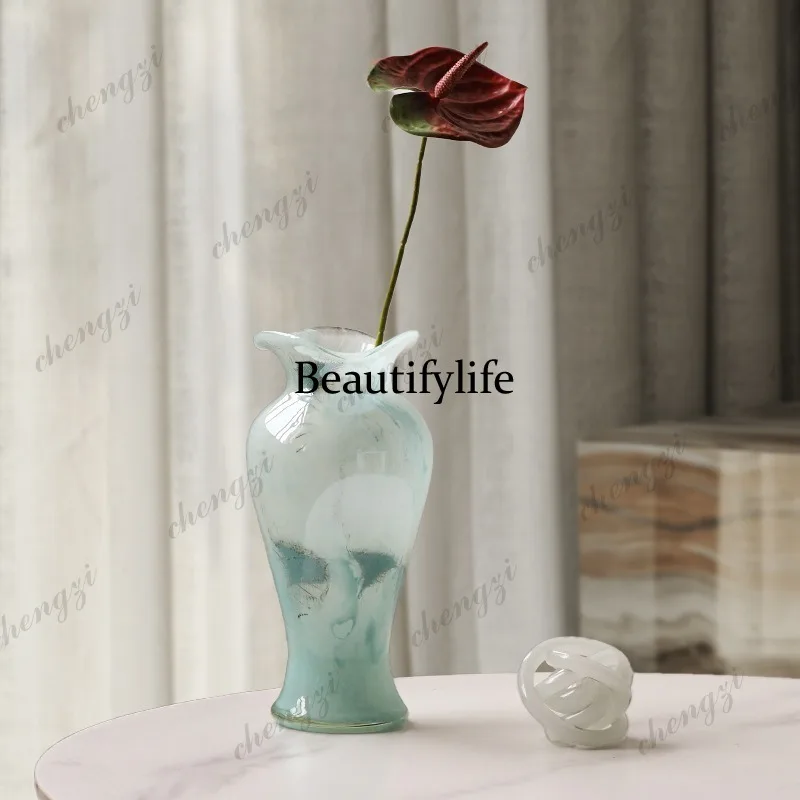 Chinese style, lotus leaf edge glass vase ornament, high-end home living room light luxury flower ware
