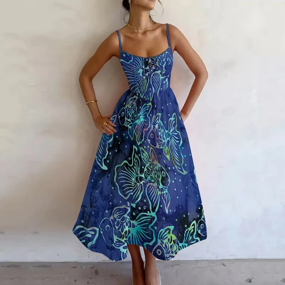 

Oil Painting Style Retro Chic Women's Dress Blue Sardine Graphic Printing High Quality Soft Fabric Fashion New A-Shaped Skirt