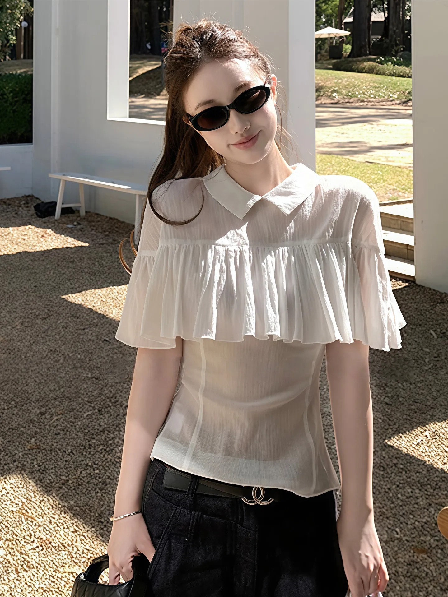 

Уникальная красивая светло-белая женская рубашка с короткими рукавами, элегантный топ в корейском стиле, модная повседневная одежда свободного кроя