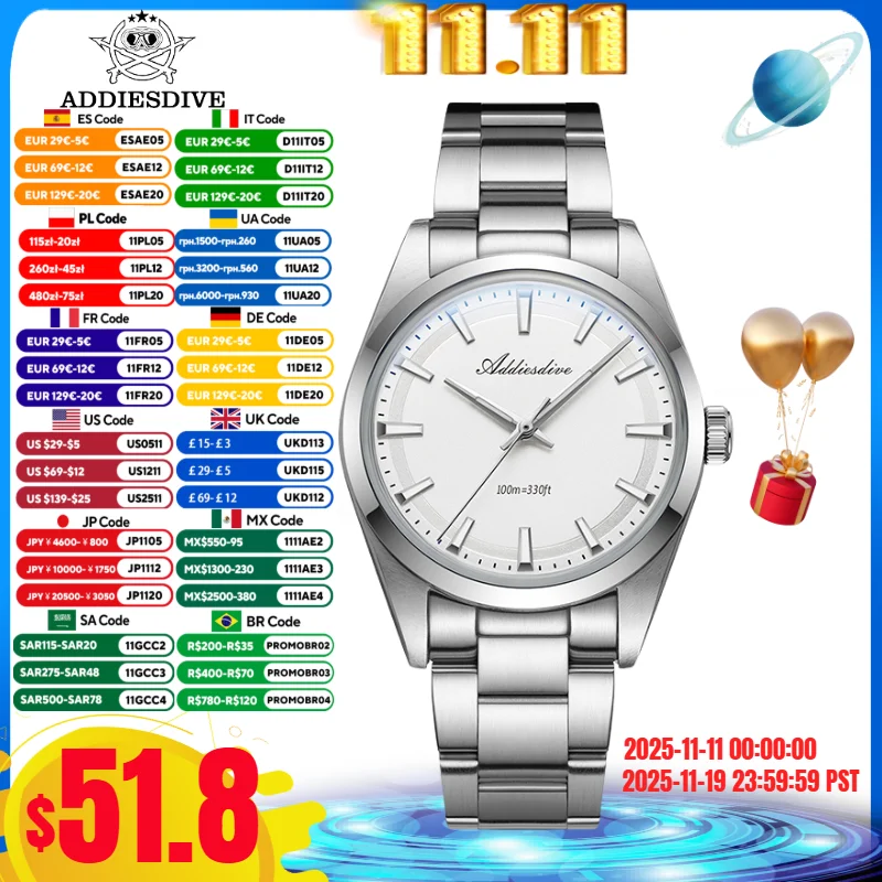 ADDIESDIVE лучший бренд мужские роскошные часы 10 бар водонепроницаемые BGW9 супер светящиеся нержавеющая сталь 316L VH31 кварцевые часы Reloj Hombre
