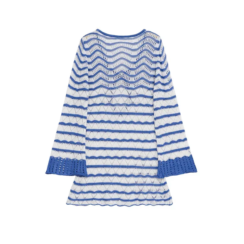 

Elegant Colorblock Women's Knitted Mini Dress V-Neck Hollow out Slim Fit with Trumpet Sleeves for Special Occasions