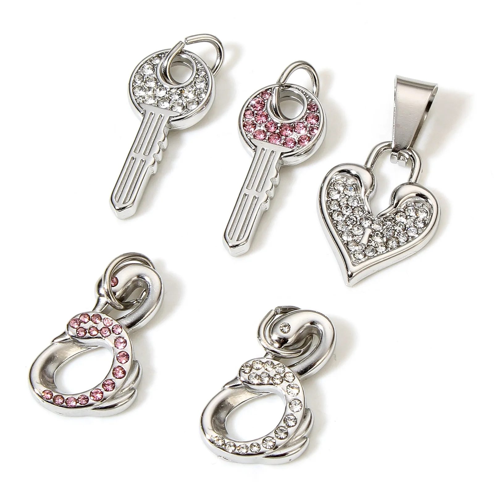 1 Stück 304 Edelstahl Herz Schwan Charms Strass Schloss Schlüssel Anhänger für Schmuckherstellung Diy Halskette Armband Zubehör – Detail 6