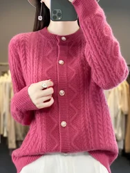 Cardigan de lã merino para mulheres, suéter 100% de lã merino malha grossa e quente, novas camisas de moda, primavera e outono e inverno, 2023