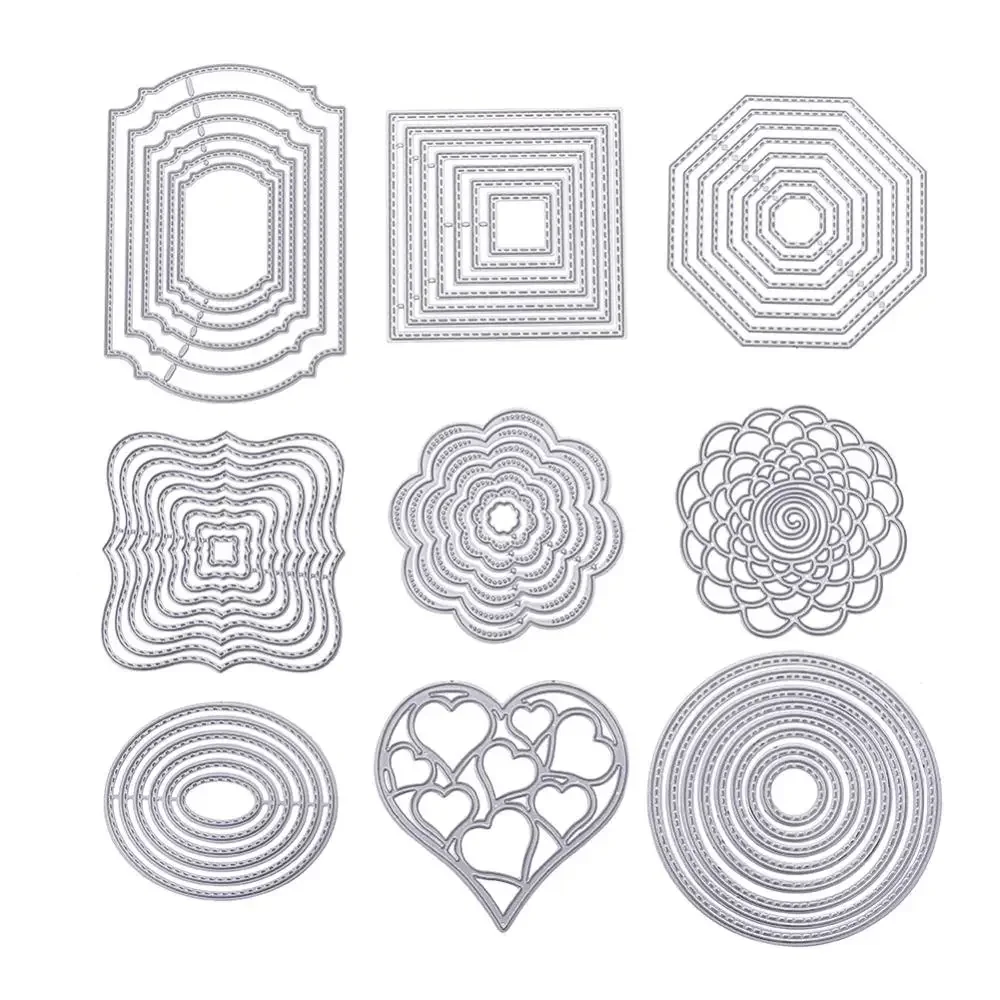 9 Set Flower Heart Metal Cutting Dies Stencil Square Oval Round Octagon Mould for DIY Scrapbooking Paper Card Making Craft Decor