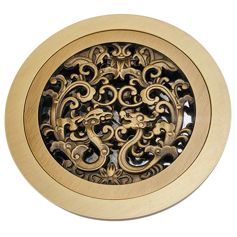 Antique Bronze Carved 10X10M Floor Drain Brass Round Shower Floor Drain Brass Circular Floor Drain Screen Cover Grille Drain