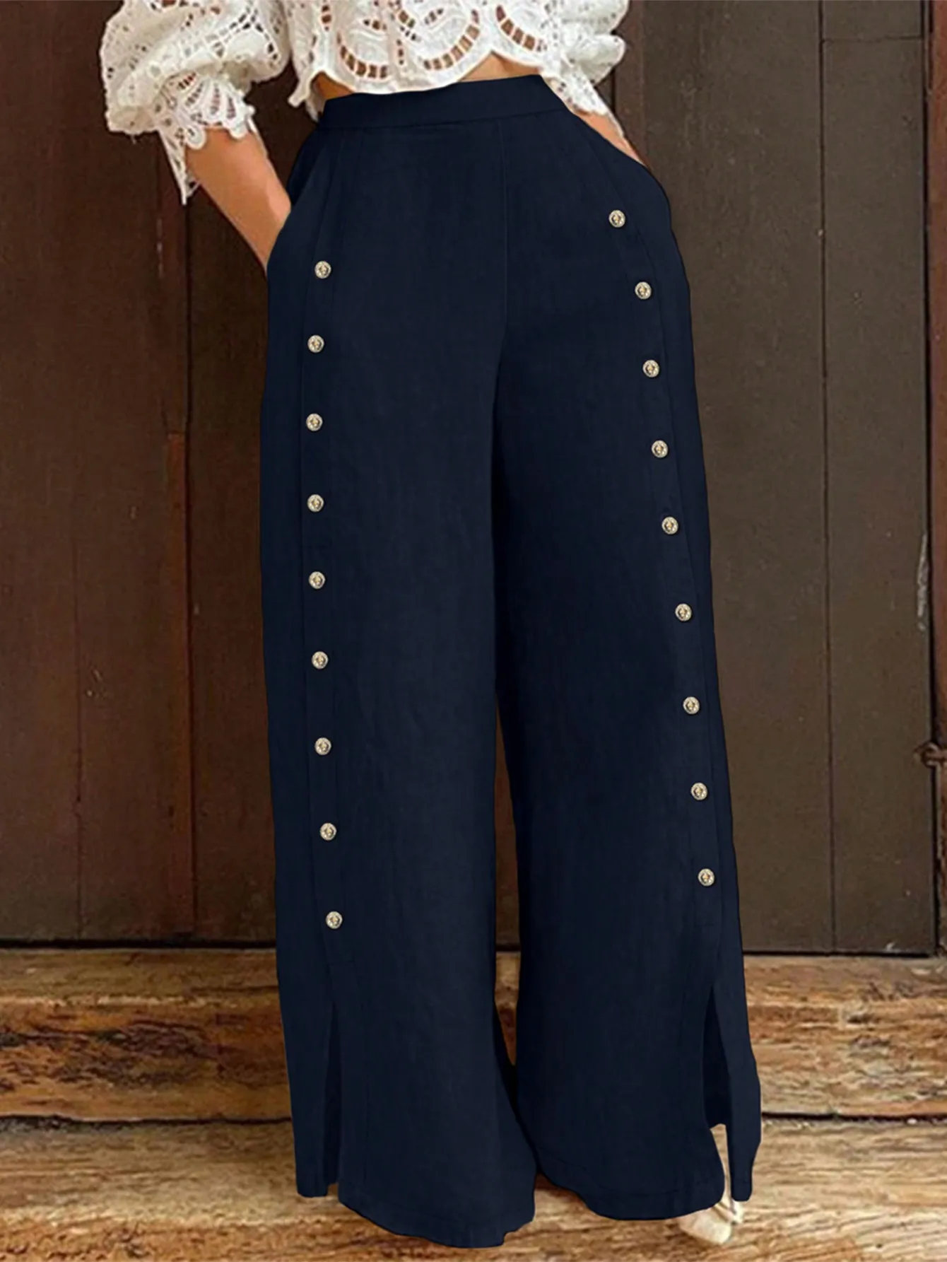 Women Elegant Fashion Pants Solid Color Casual Pocket Split Elastic Waist Wide Leg Loose All-Match Long Trousers New