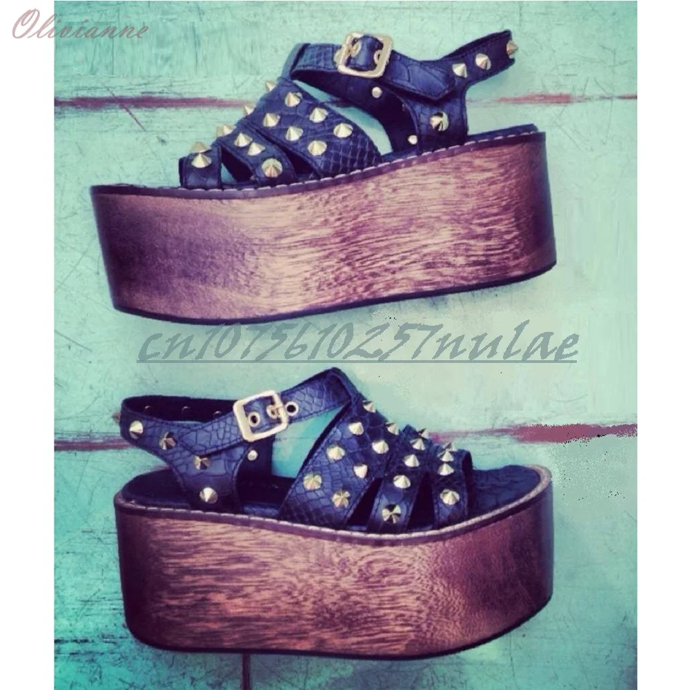 Green Metal Rivets Decor Hollow Belts Sandals Open Toe Wedges High Heel Hot Party 2025 SummerWomen Shoes Zapatos Para Mujere
