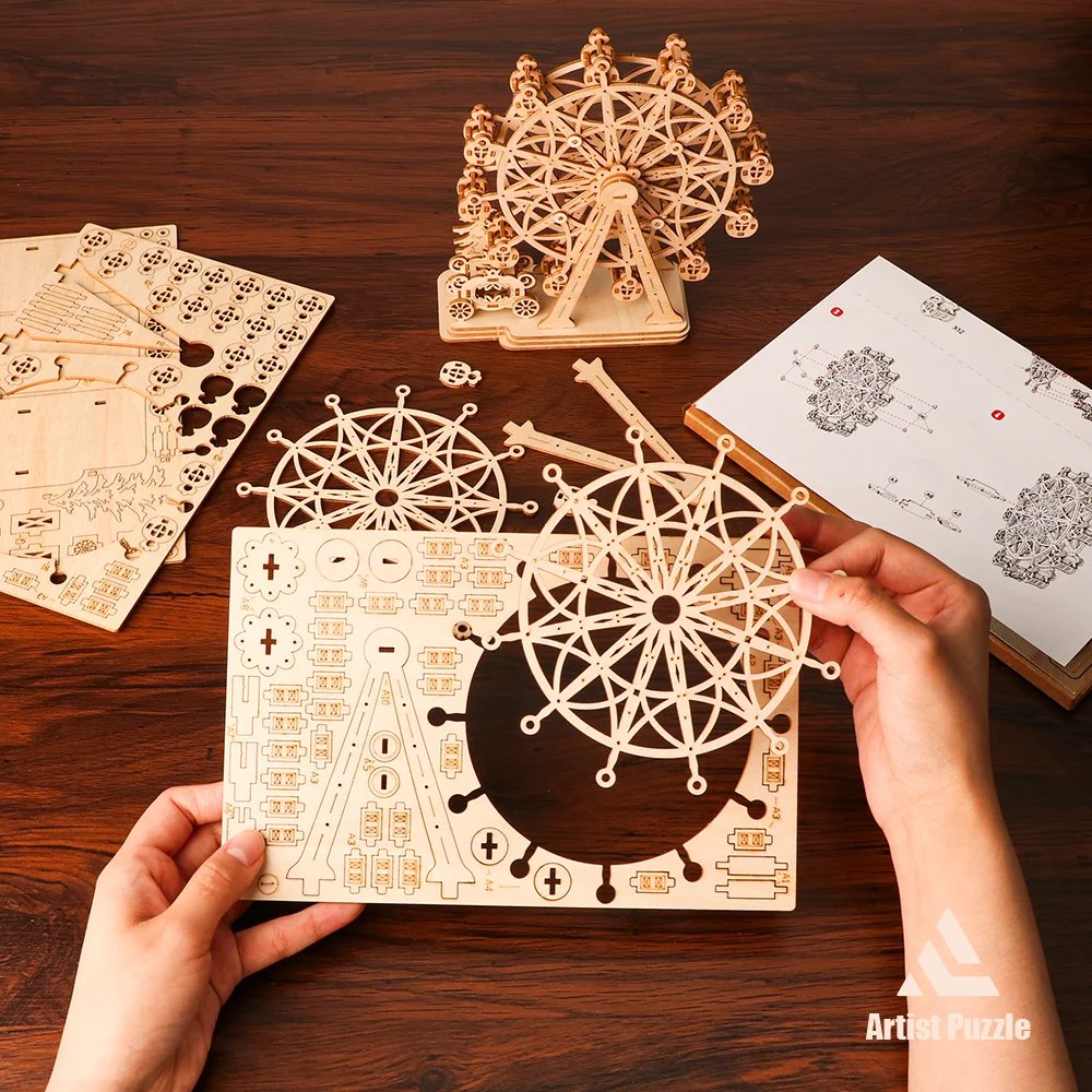 3D Rotating Ferris Wheel Building Block Kit 3D Wooden Puzzle, Brinquedos DIY, Artesanato, Decoração de Mesa, Presentes de Aniversário para Adolescentes