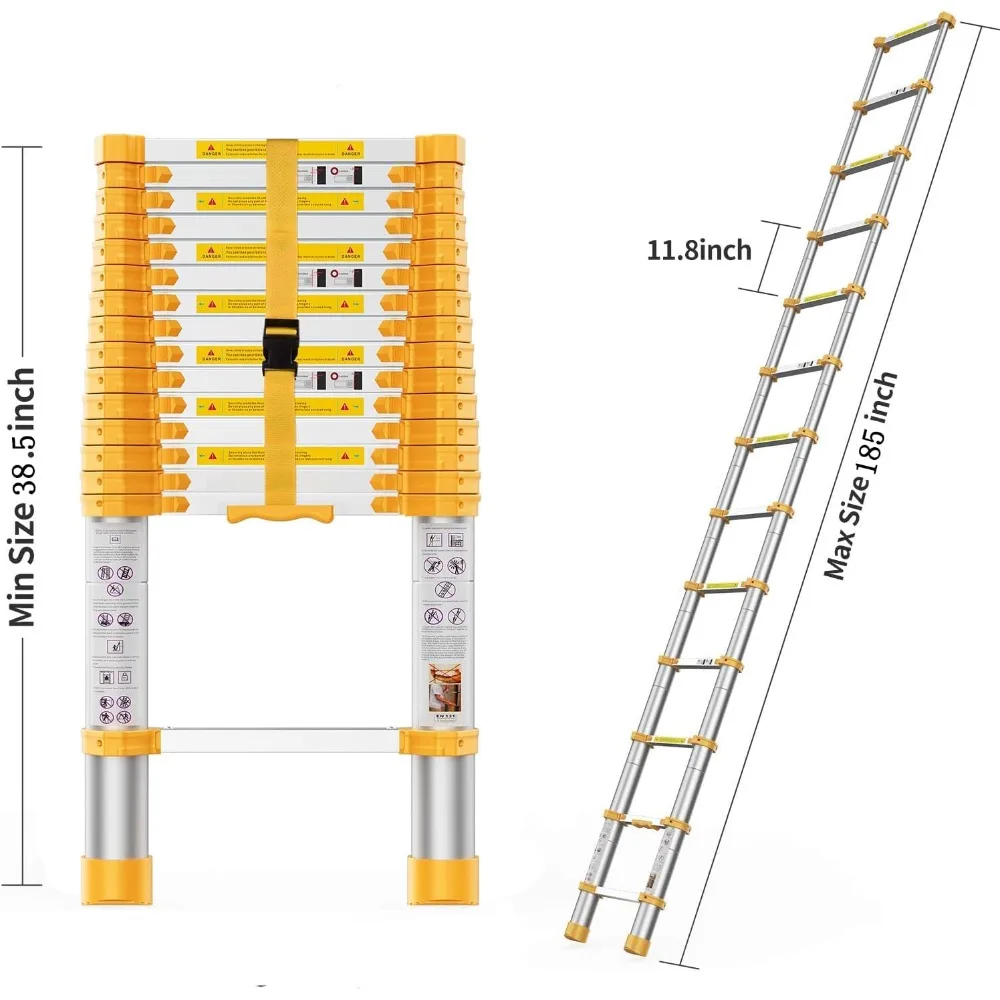 Escalera telescópica de aluminio, 15,5 pies plegable con pies antideslizantes, resistente para uso doméstico y al aire libre