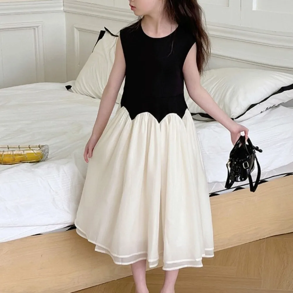 

Round Neck Children Princess Dress Sleeveless Loose Kids Korean Long Dress Long Casual Girls Splicing Mesh Skirt Travel