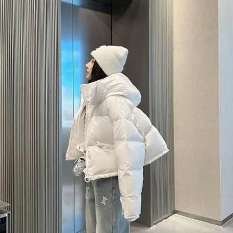 White Duck Down Jacket for Women, Hooded Short Parka, Fashion, Big Zip Design, Street Trend, Thick Bread Jacket, New, 2024