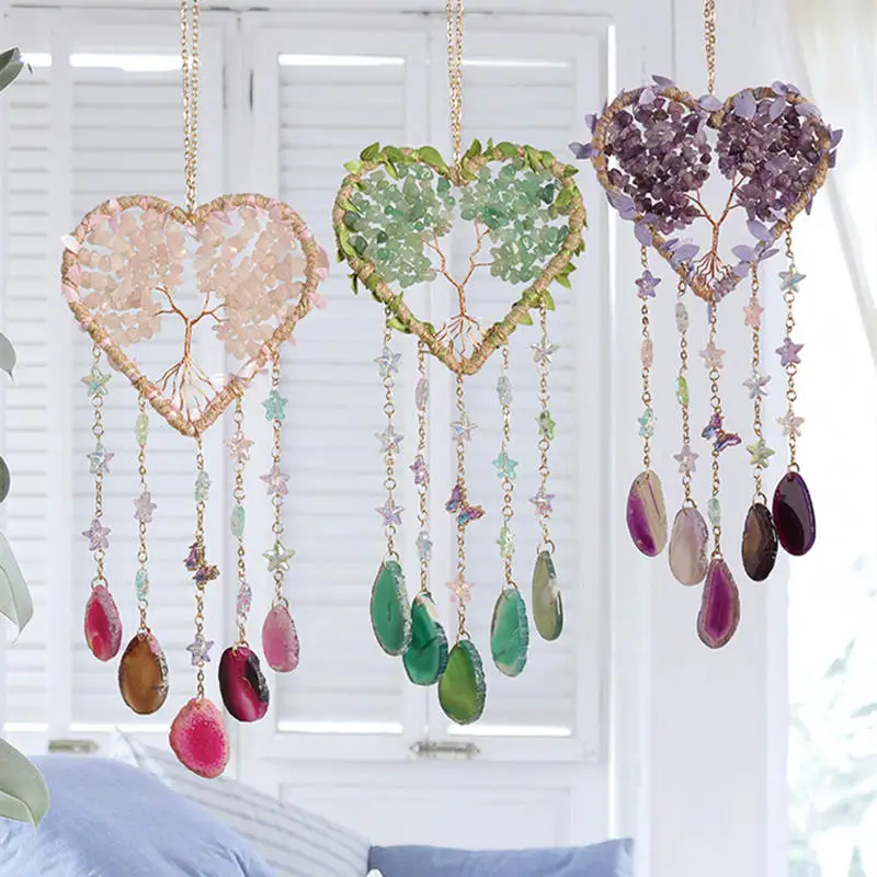 

Tree of Life Chakra Gem Stones Healing Crystals Hanging Ornament Heart Wind Chimes Agate Slice Quartz Suncatcher Home Wall Decor