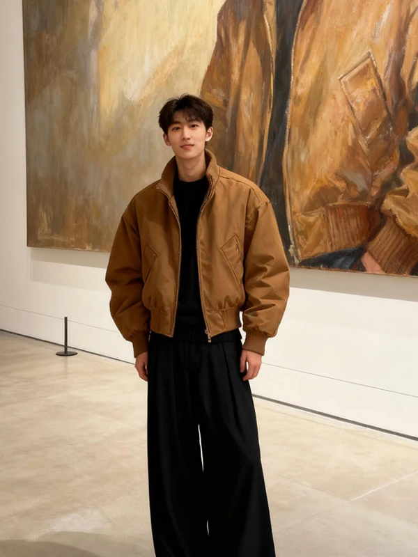 

Коричневая мужская утепленная зимняя куртка-бомбер из хлопка с воротником-стойкой, в американском стиле, для активного отдыха и спорта